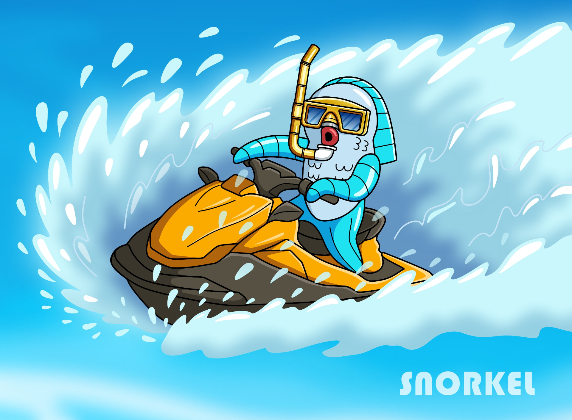Snorkel riding a jet ski through the waves